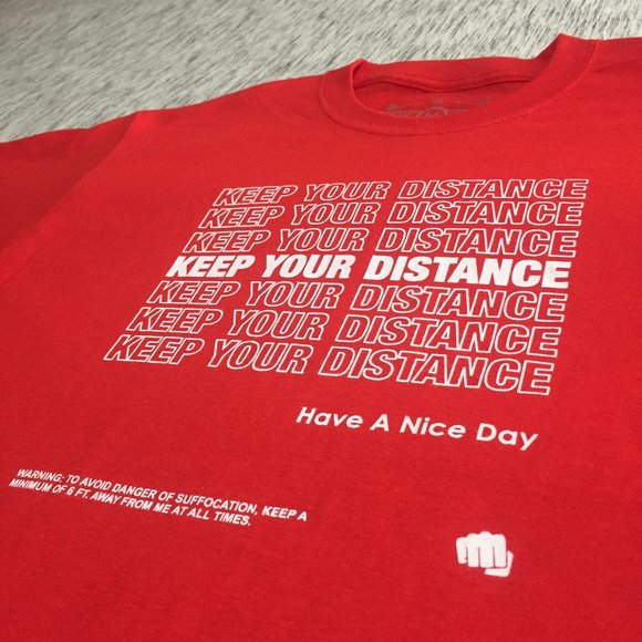 Red (w) Hand Printed "KEEP YOUR DISTANCE" Tshirt - Picture 3 of 5